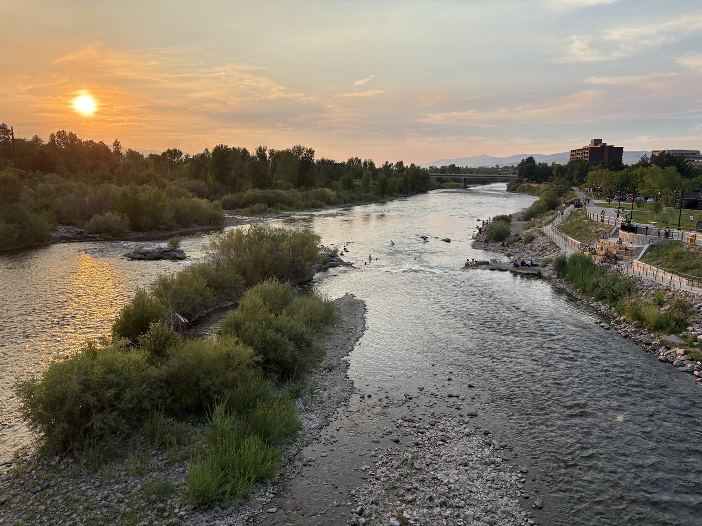 The Clark Fork running through Missoula at sunset
