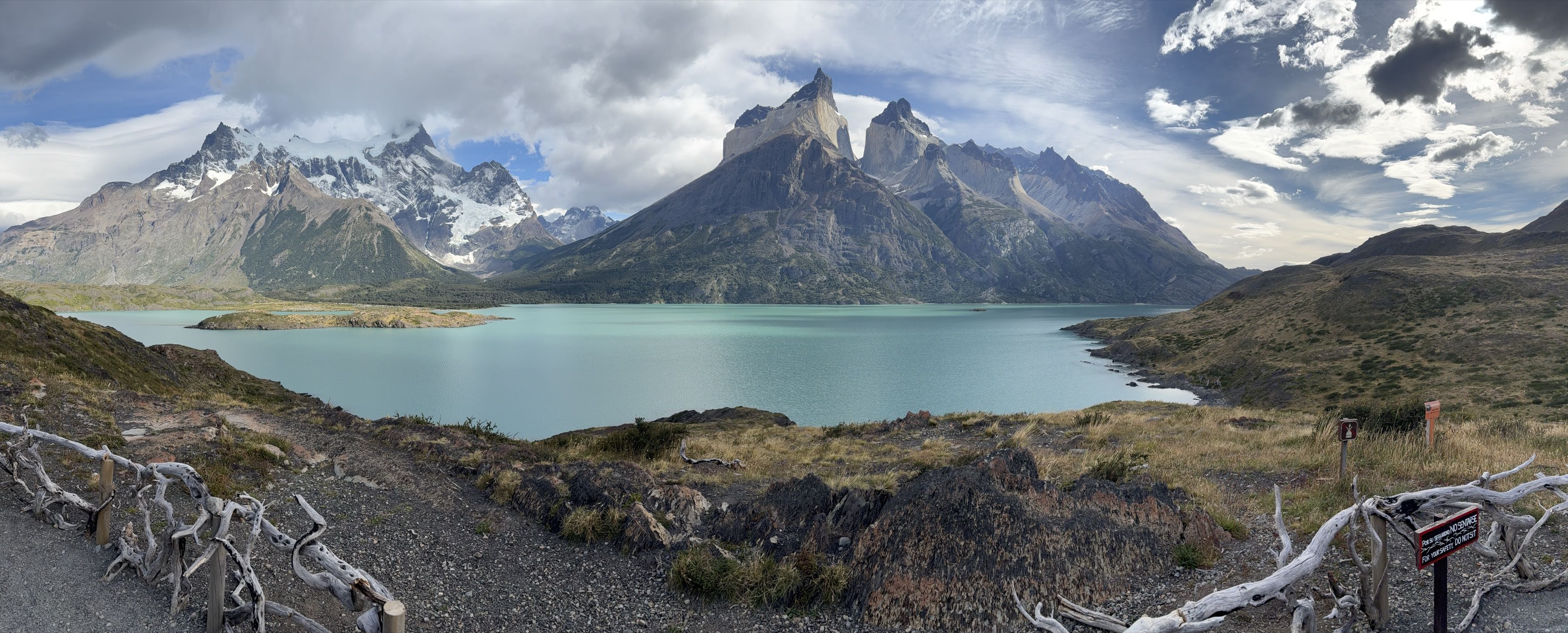 Panorama of the Cuernos del Paine above Lago Pehoé, Torres del Paine, Chile