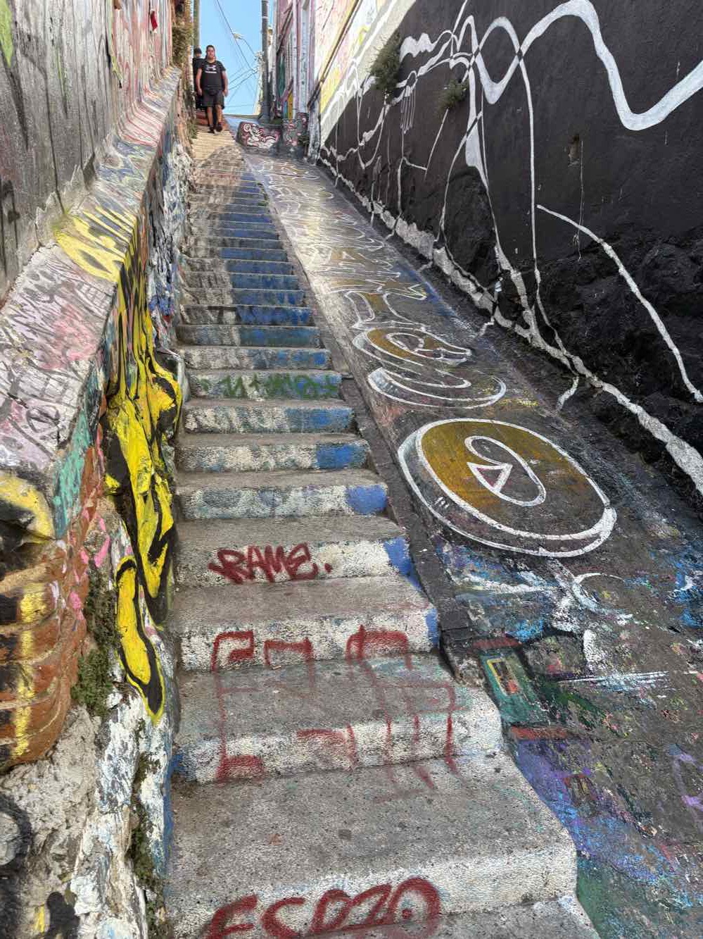 A steep outdoor stairway covered in graffiti and painted designs
